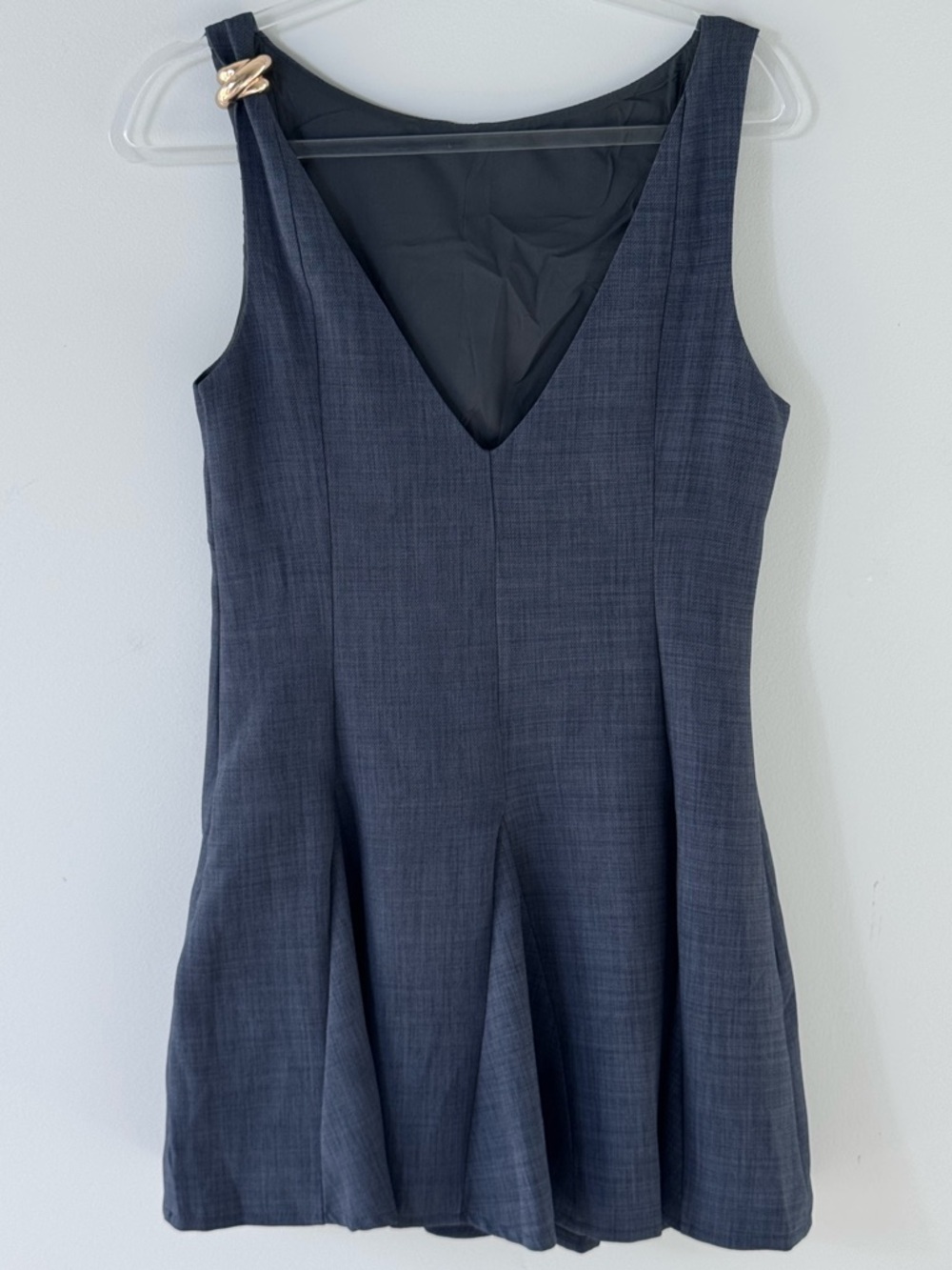 🌿Hello Molly Open Back Fit & Flare Mini Dress Navy Blue Gold Accent Size 8